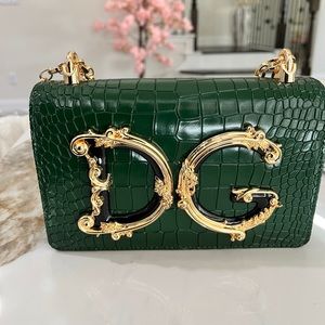 Dolce & Gabbana Deep Green Croc-Embossed Shoulder Bag with Gold DG Emblem